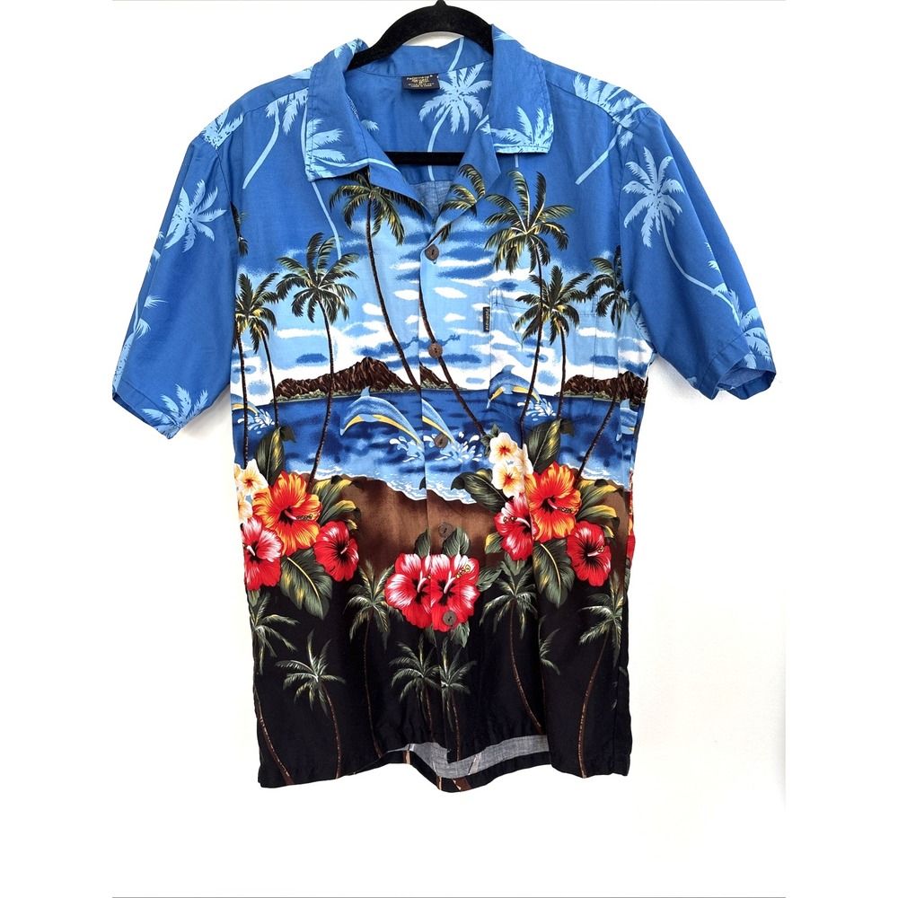 Palmwave Hawaii Mens Medium Blue Dolphin Hibiscus Tropical Cotton Camp Shirt
